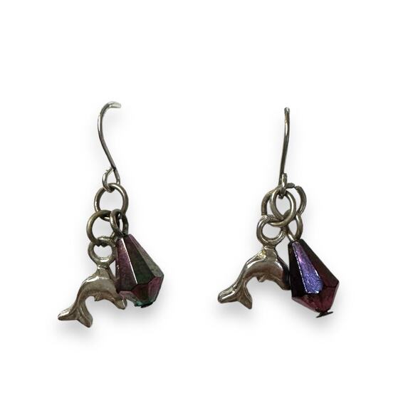 Dolphin Earrings Vintage Silver Tone Pearlescent Bead Fun Lightweight Dangles - Picture 2 of 8